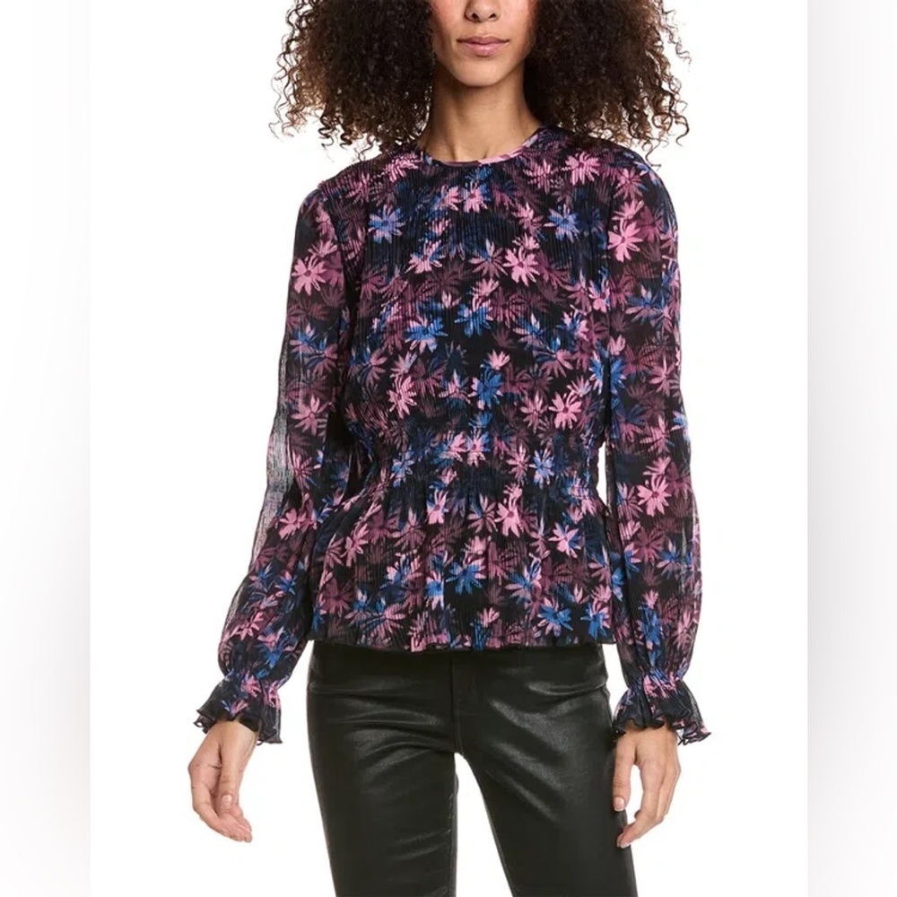 Ganni Pleated Georgette Smock Blouse In Purple Blue Floral Size XS